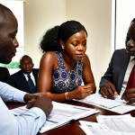 **

A bustling business meeting in a modern office in Libreville, Gabon. Professionals of diverse backgrounds are collaborating around a table, reviewing financial documents and discussing investment opportunities. Emphasize the blend of local Gabonese culture and international business practices. Focus on warm lighting and a sense of optimism.

**